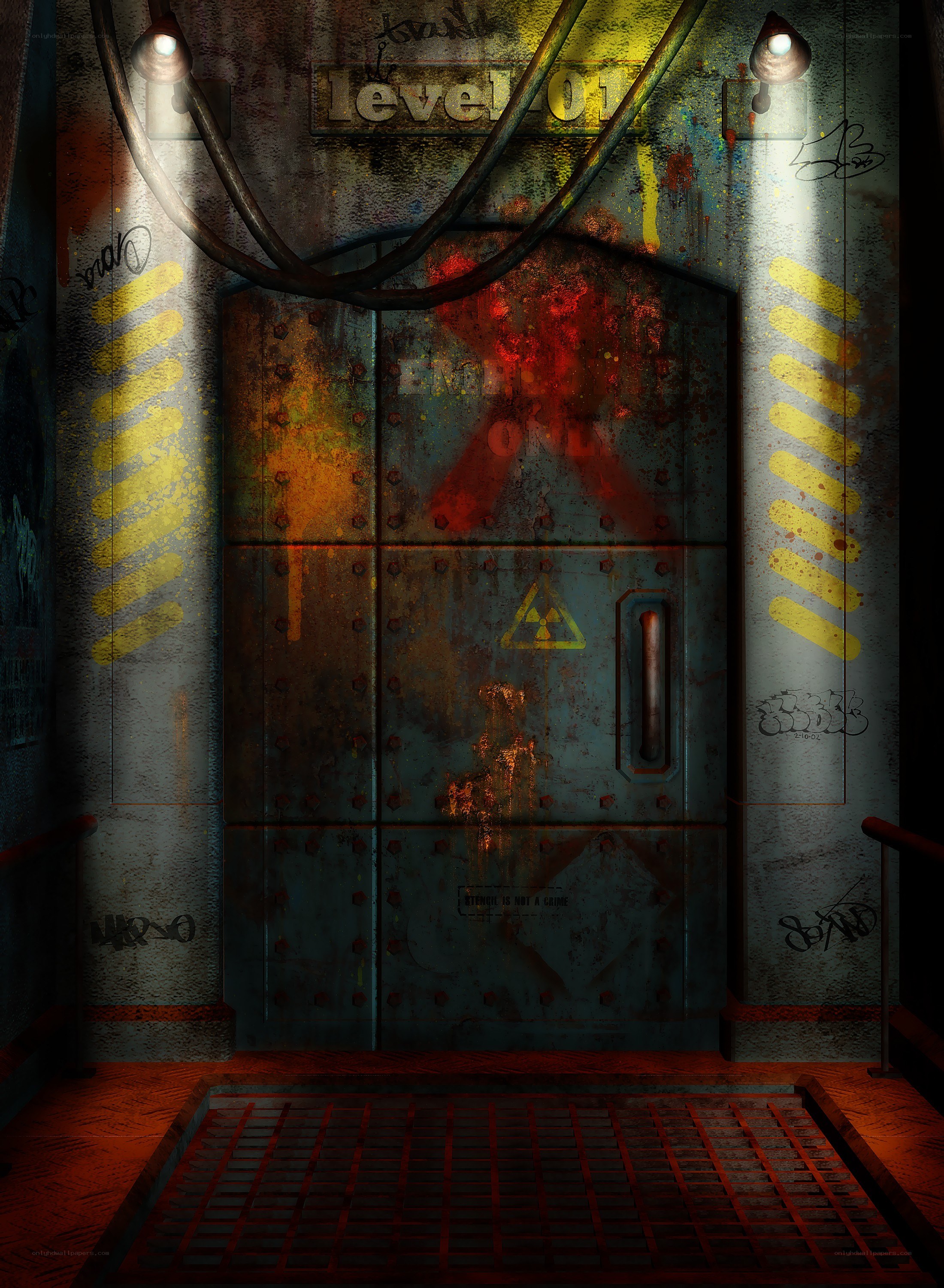rusty industrial door with warning signs