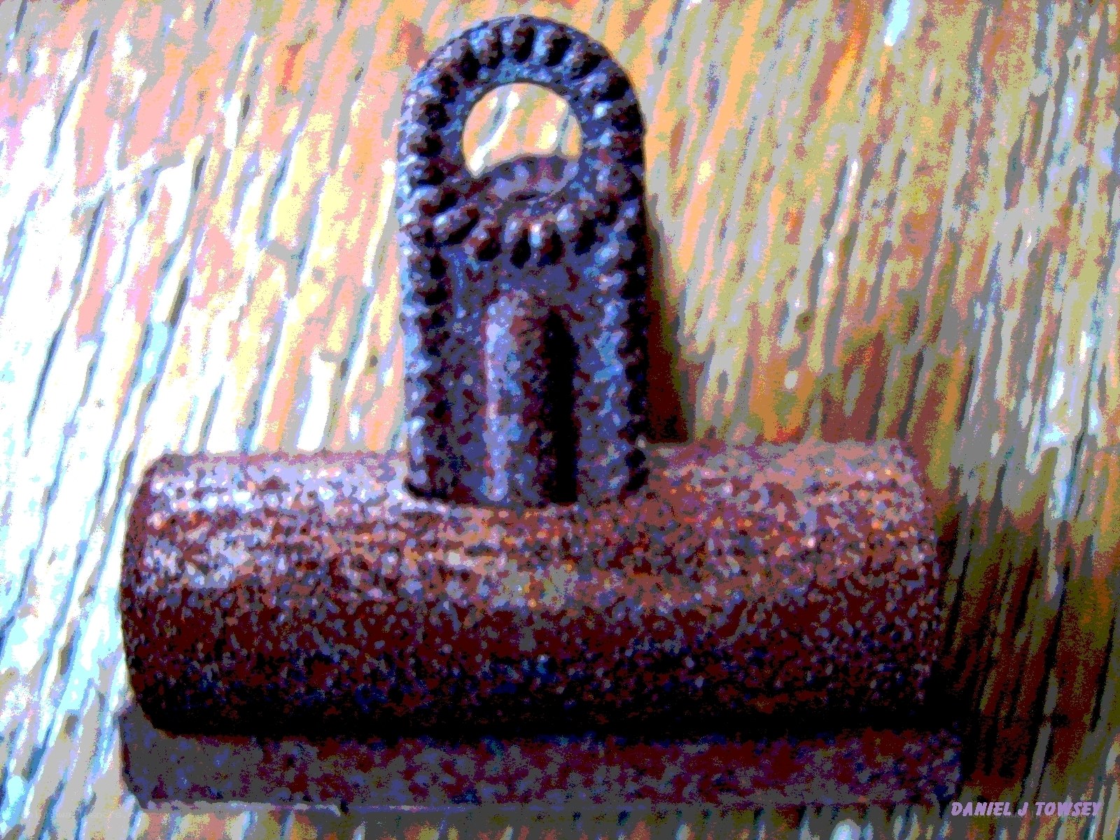 rusty metal clamp on wood