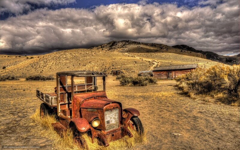 Rusty Old Truck — Brown, Dramatic, Afternoon, Photograph, Abandoned Cabin