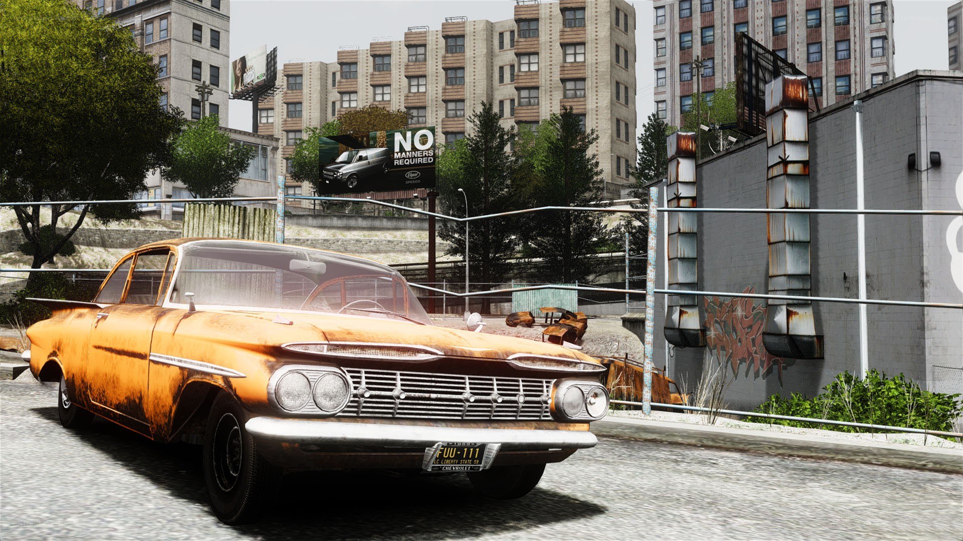 Rusty orange classic car in city