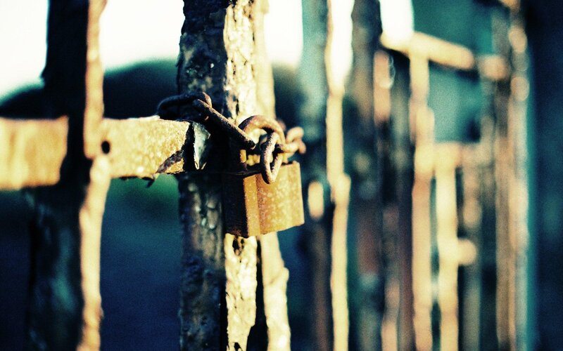Rusty Padlock on Gate — Brown, Dramatic, Sunset
