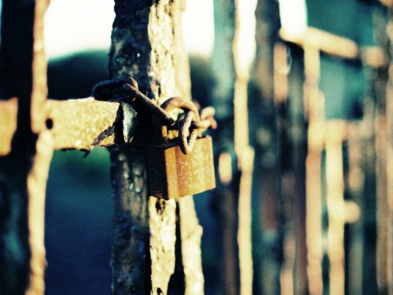 Rusty Padlock on Gate — Brown, Dramatic