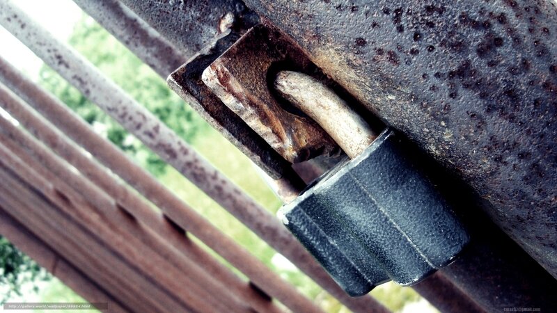 Rusty padlock on metal gate