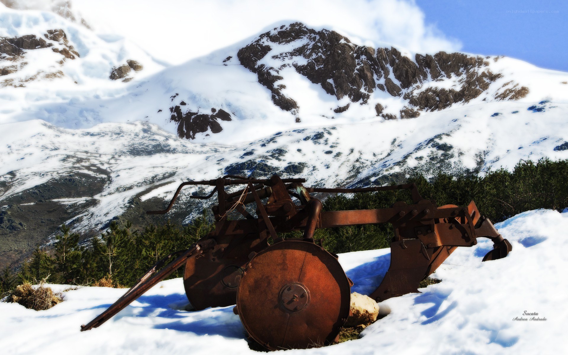 Rusty plow in snowy mountains