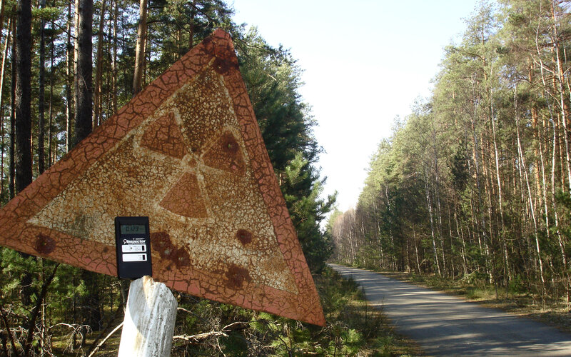 Rusty radiation sign in forest