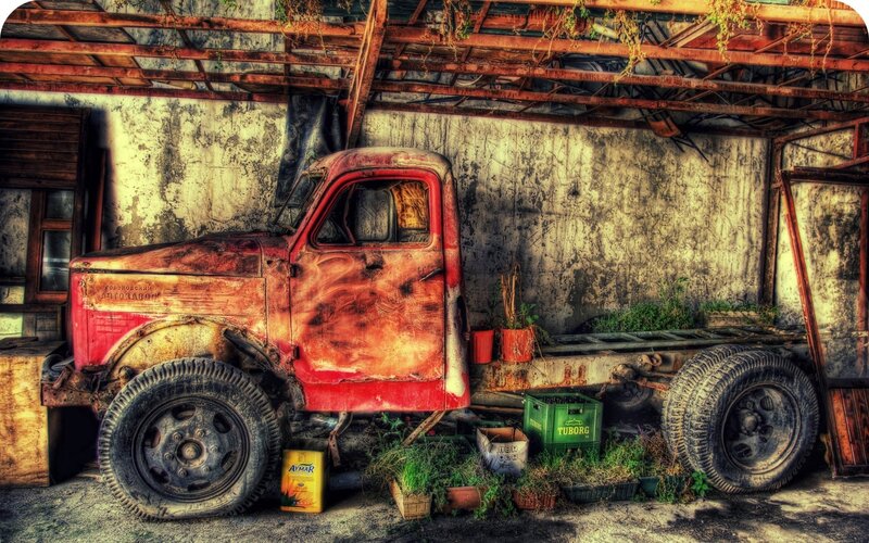 Rusty Red Truck — Dramatic, Photograph, Crates, Plants