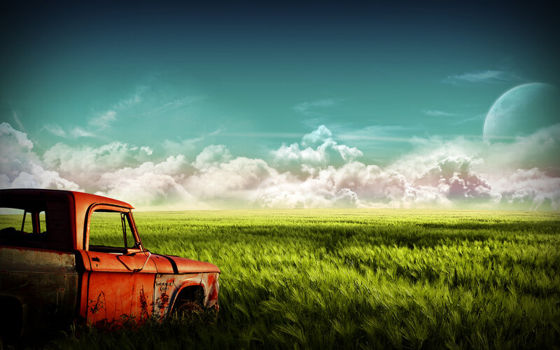 Rusty Red Truck in Field — Green