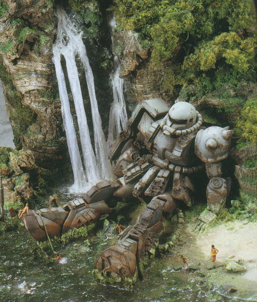 Rusty robot by waterfall