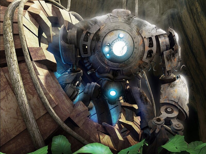 rusty robot in ancient ruins