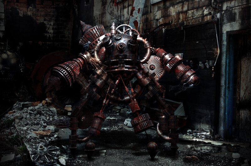 Rusty robot in ruined building