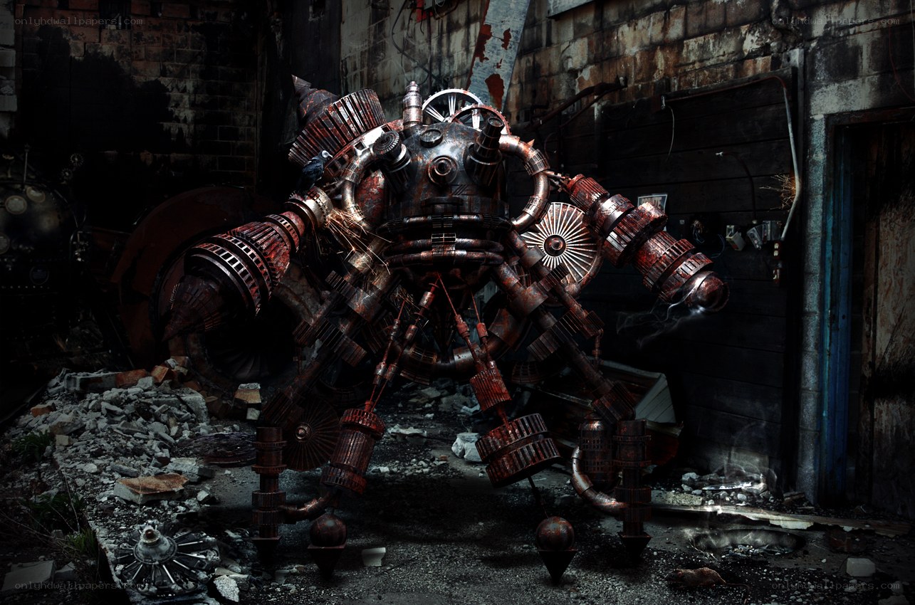 Rusty robot in ruined building