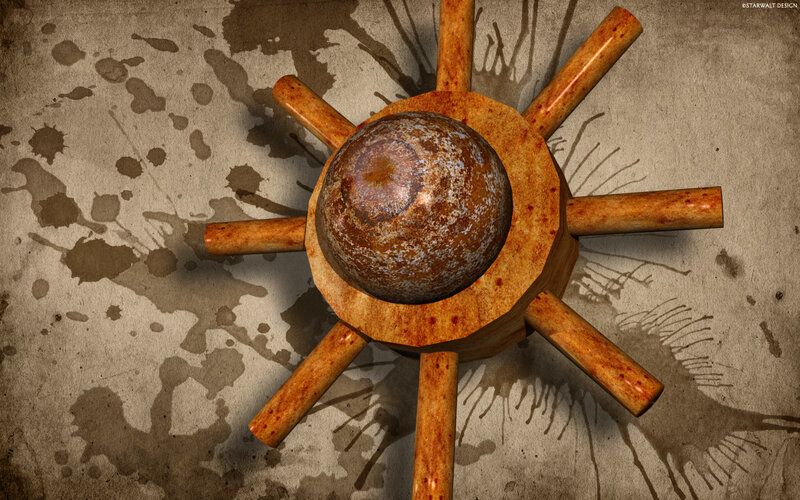 Rusty ship's wheel with cannonball