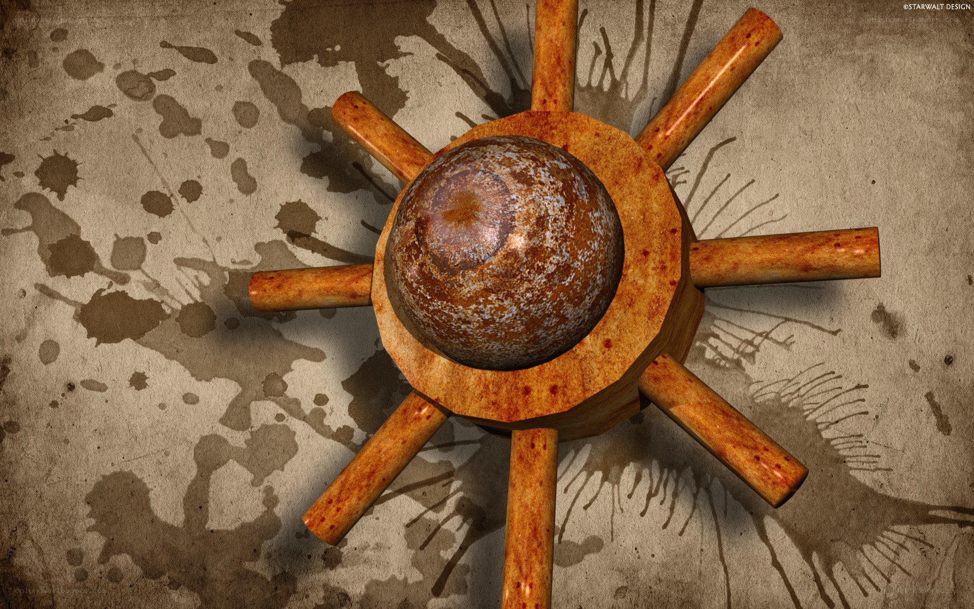 Rusty ship's wheel with cannonball