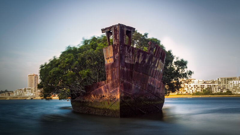 Rusty Shipwreck — Brown, Dramatic, Sunset