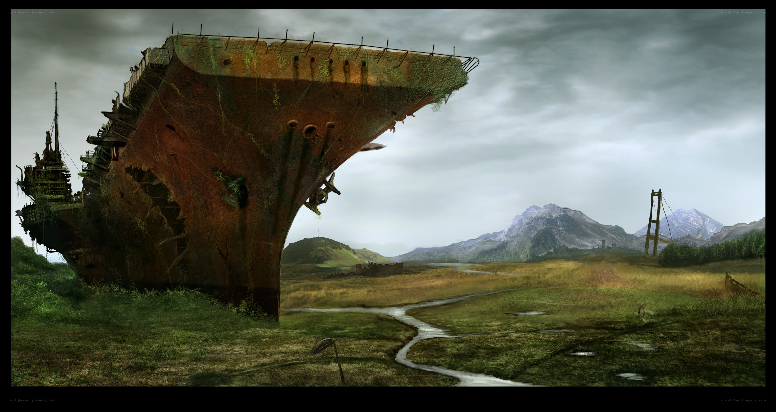 Rusty shipwreck in a post-apocalyptic landscape