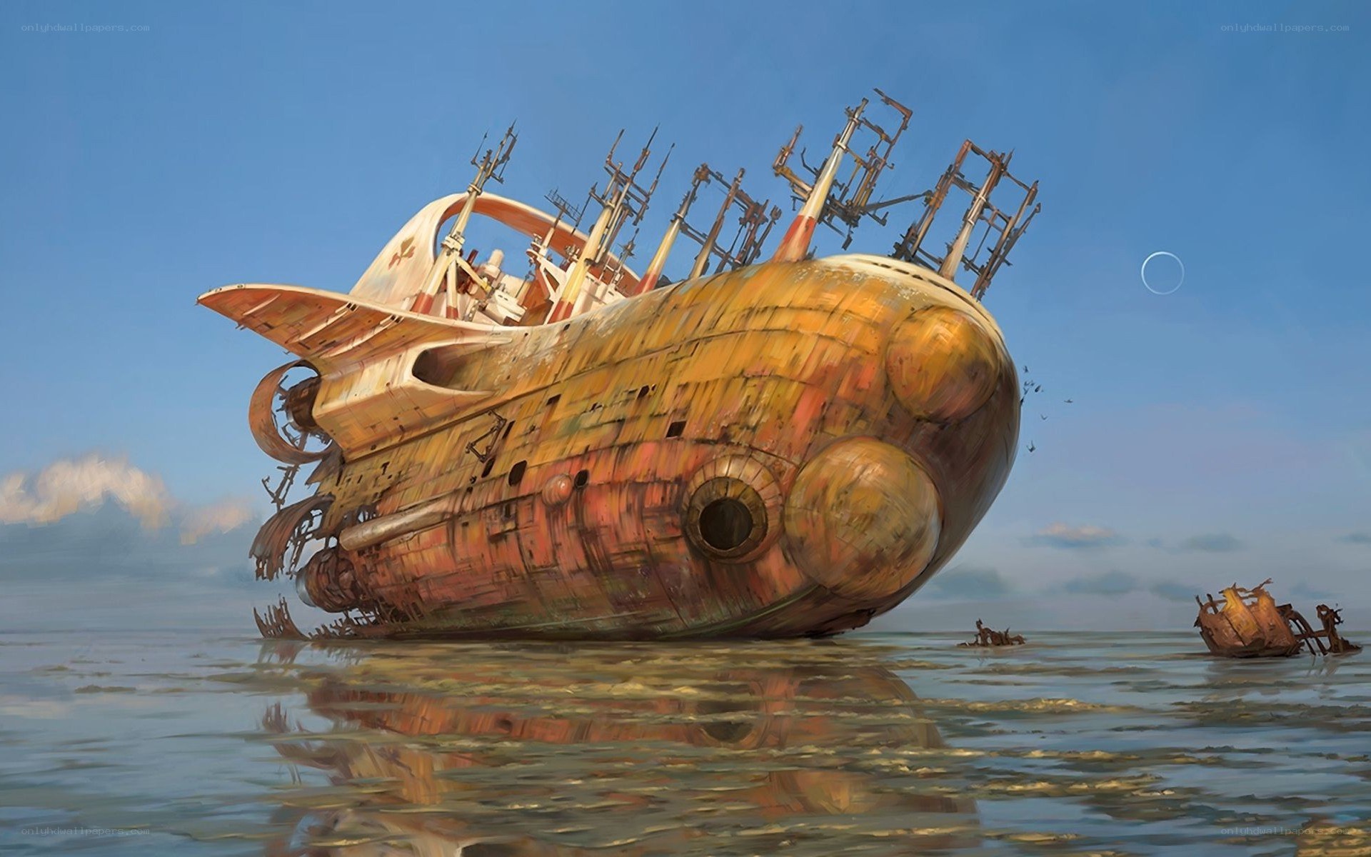 Rusty shipwreck in calm sea