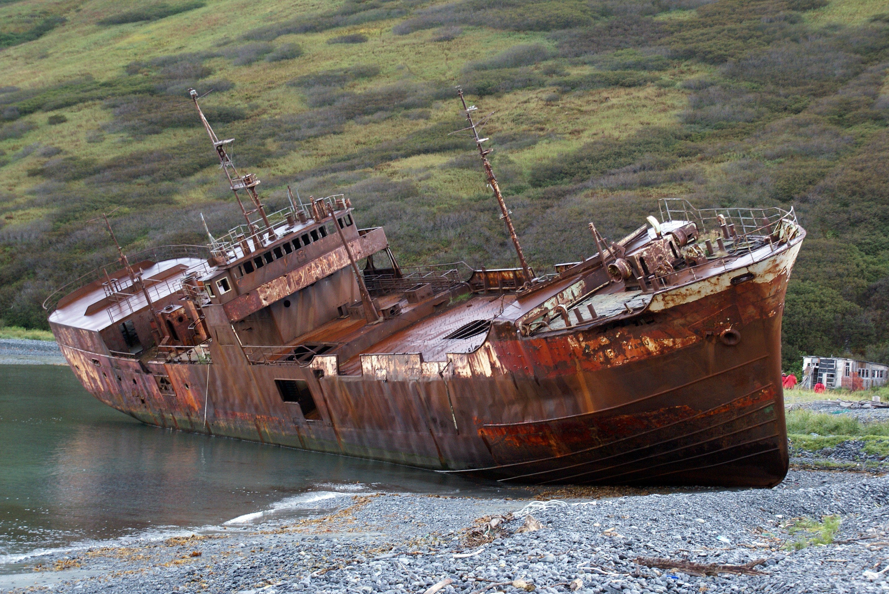 Rusty shipwreck on a shore