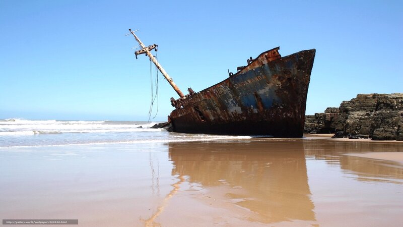 Rusty Shipwreck on Beach — Blue, Serene, Afternoon