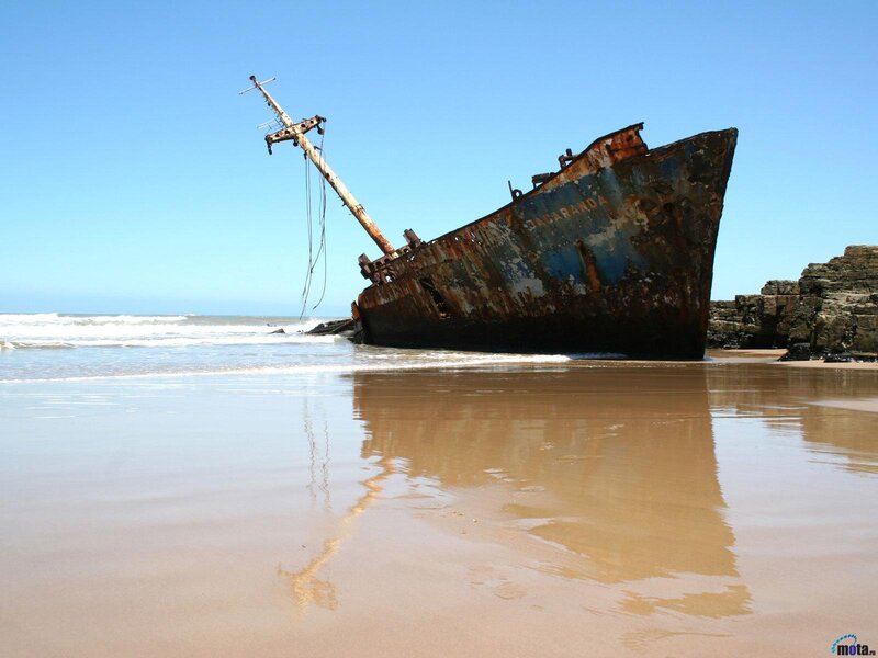 Rusty Shipwreck on Beach — Blue, Serene