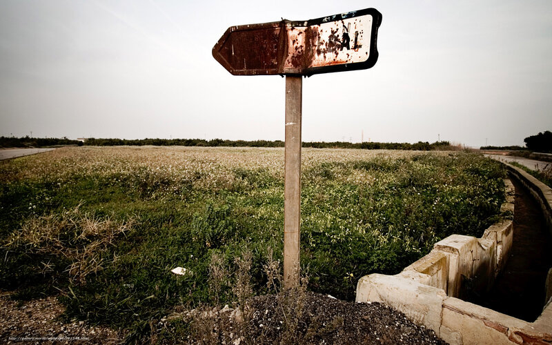 Rusty signpost in a field