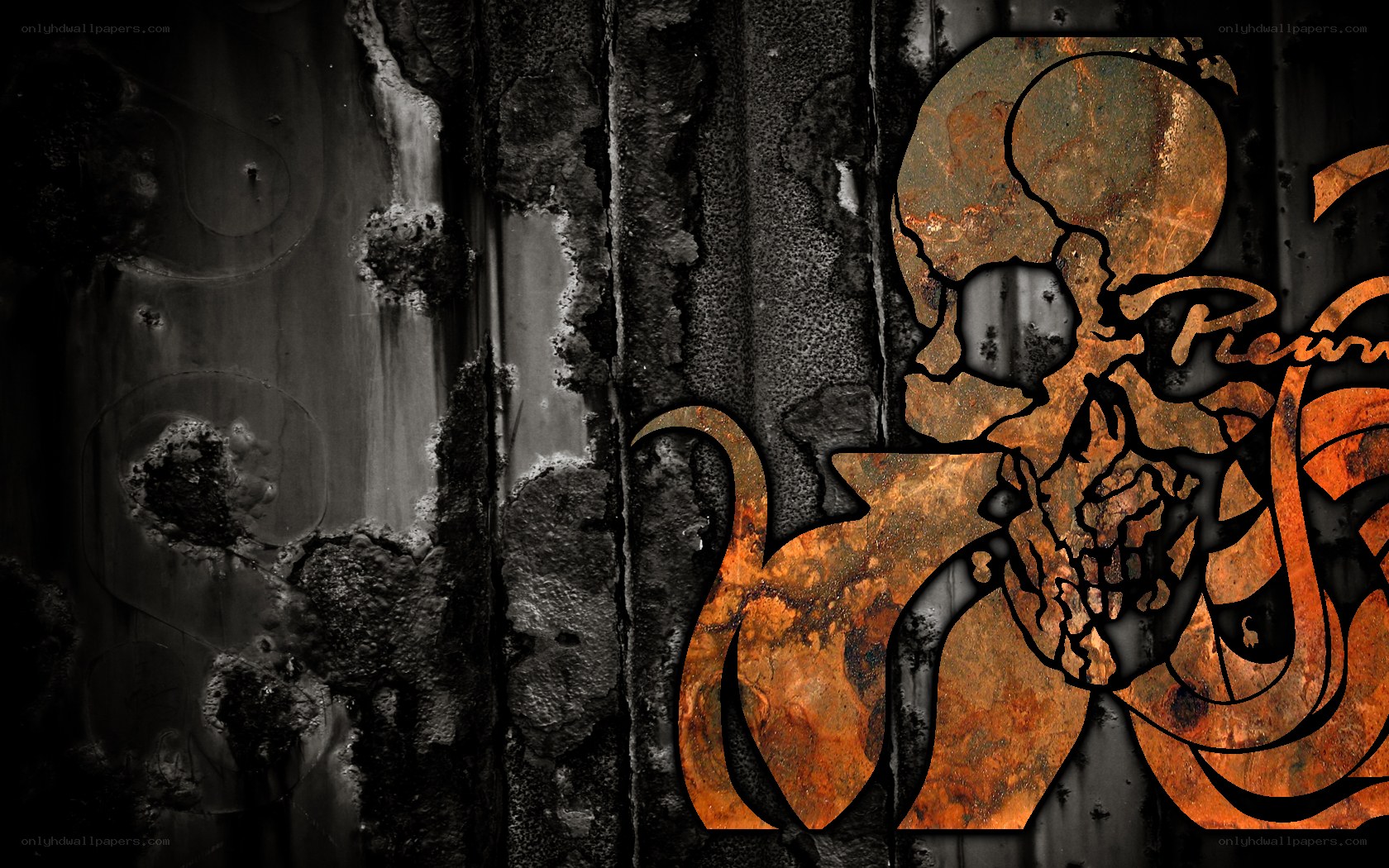 rusty skull logo on metal
