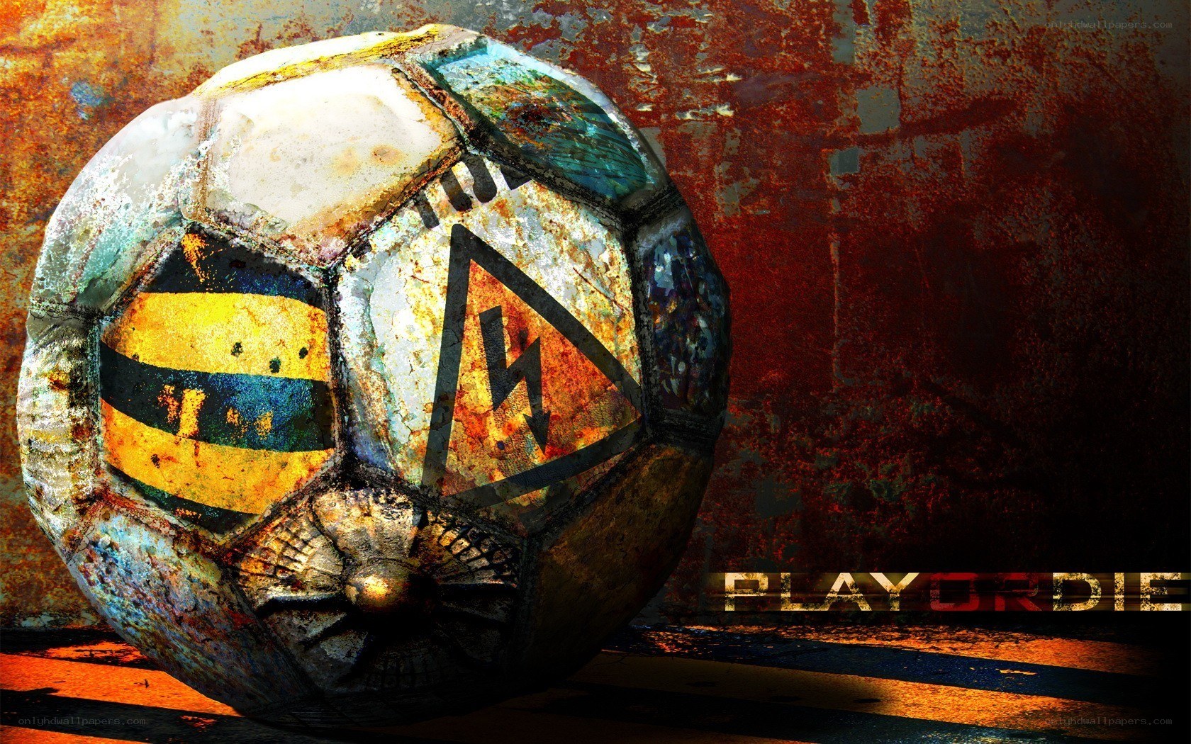 rusty soccer ball with warning symbol
