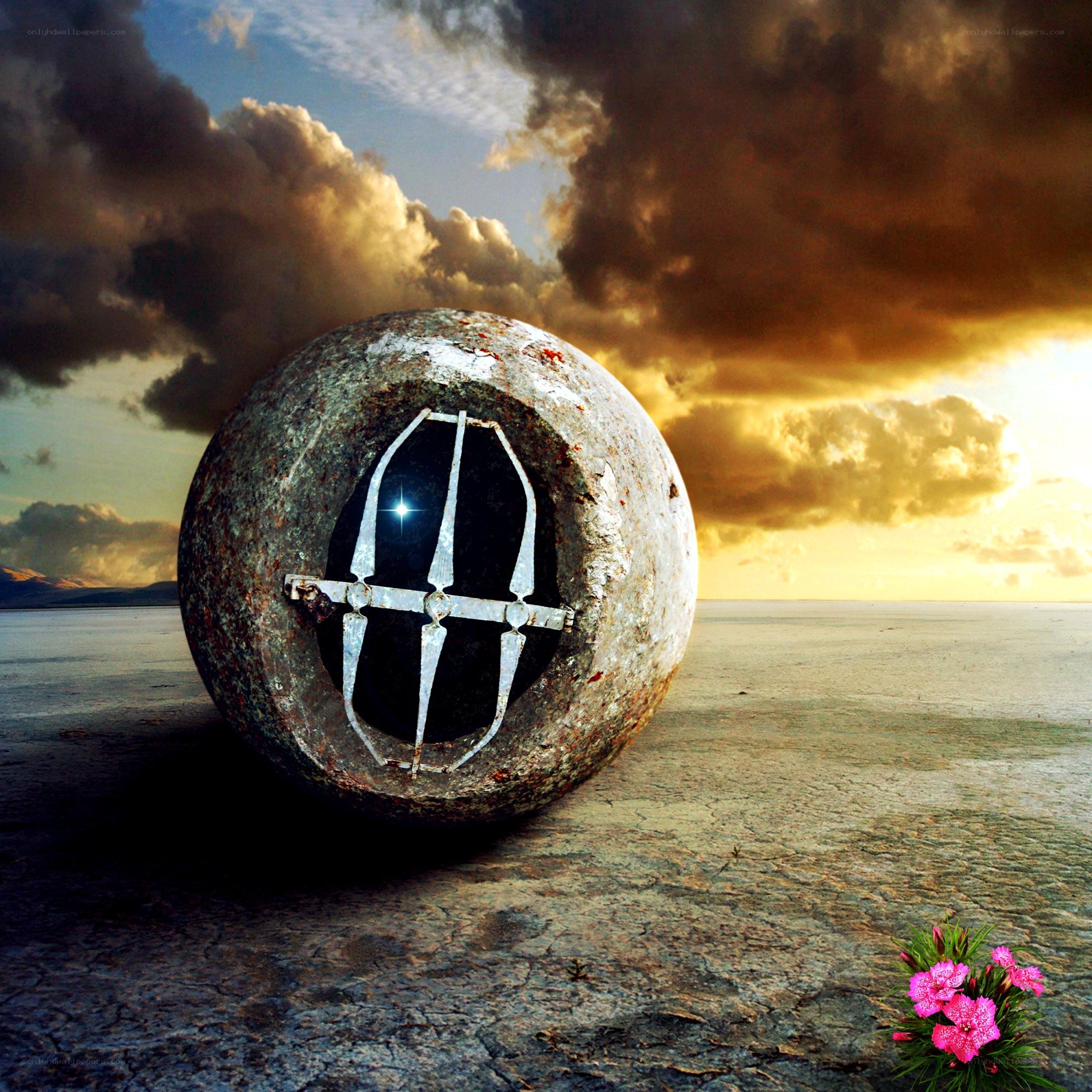 Rusty sphere in desert landscape