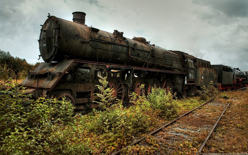 Rusty steam locomotive in overgrown yard