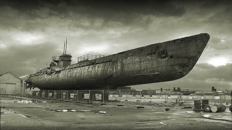 Rusty submarine on display
