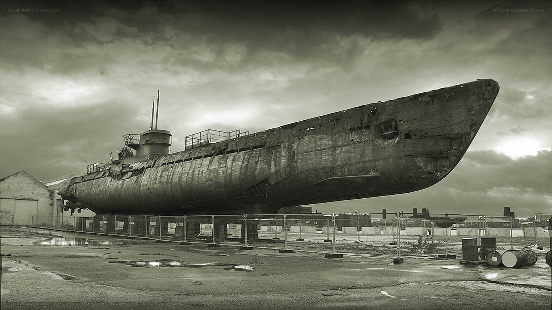 Rusty submarine on display