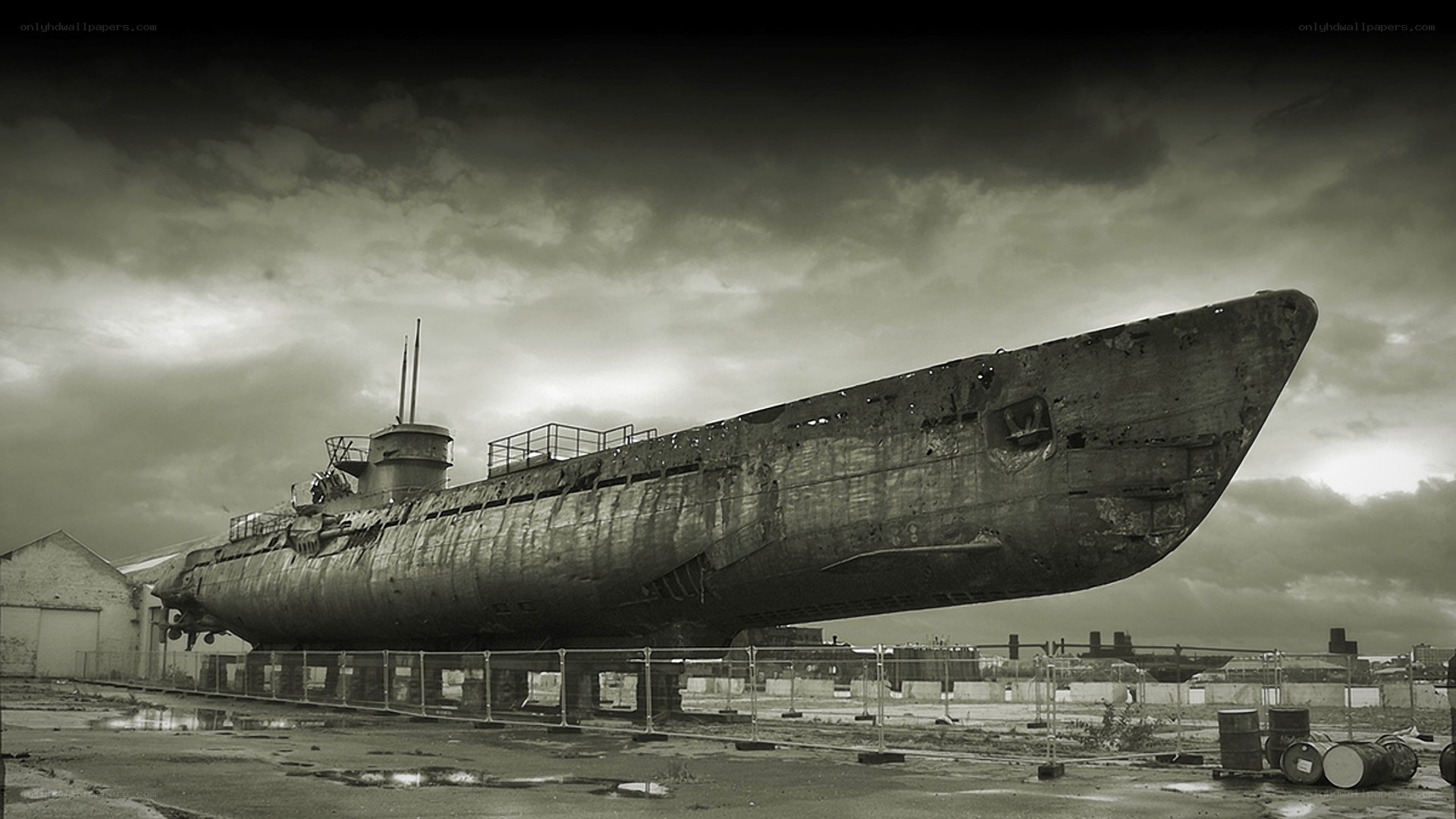 Rusty submarine on display
