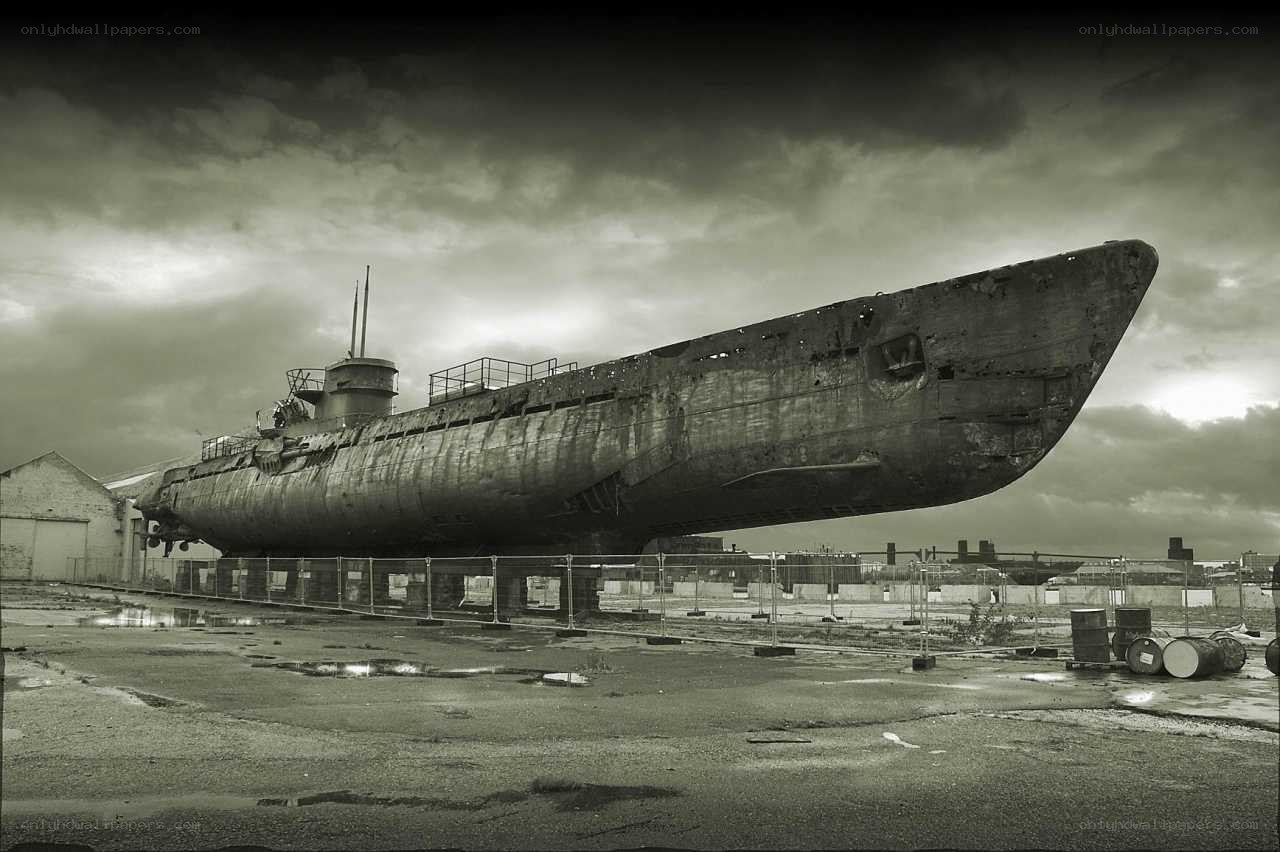 Rusty submarine on display