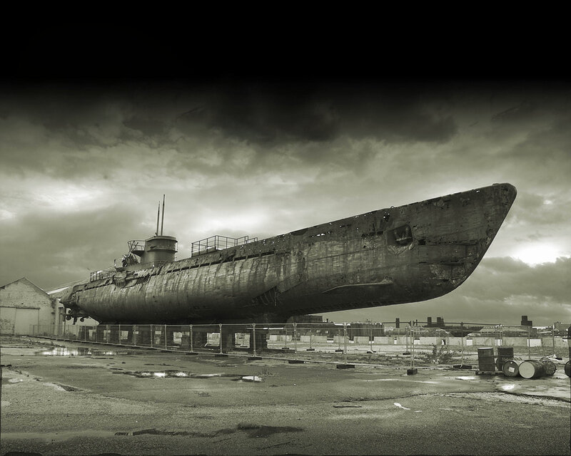 Rusty submarine on display