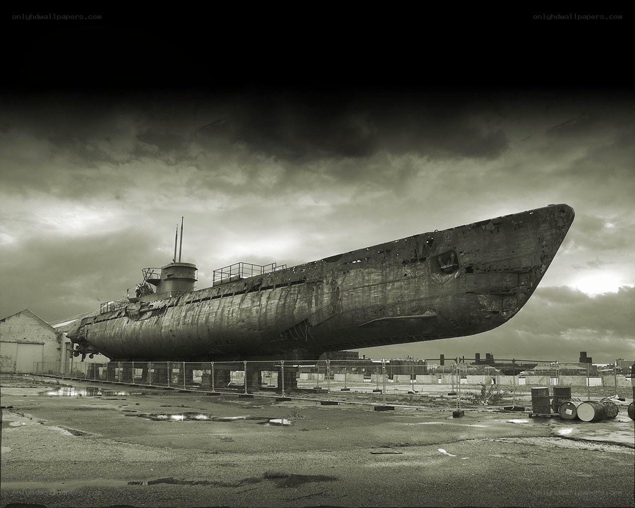 Rusty submarine on display