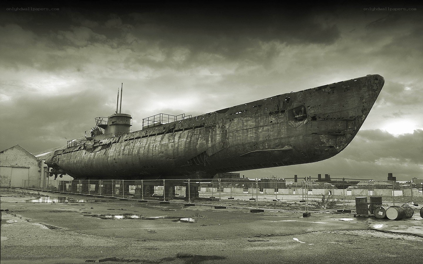Rusty submarine on display