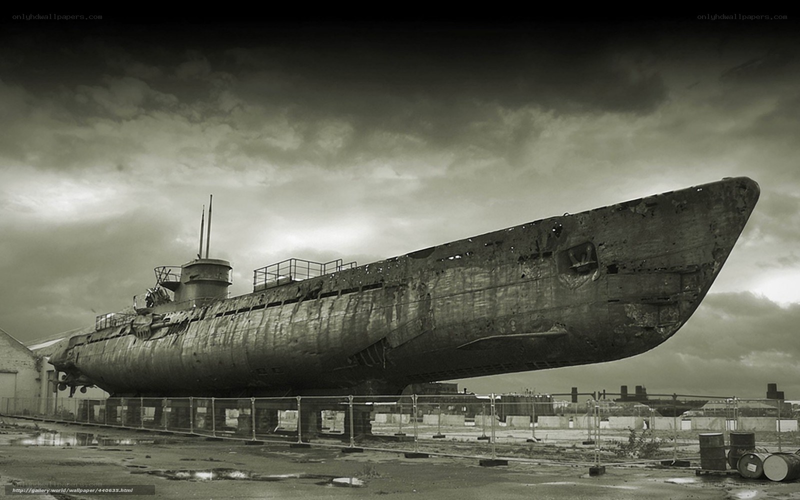 Rusty submarine on display