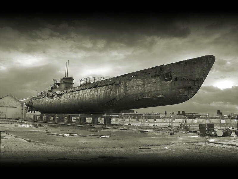 Rusty Submarine on Land — Black, Dramatic