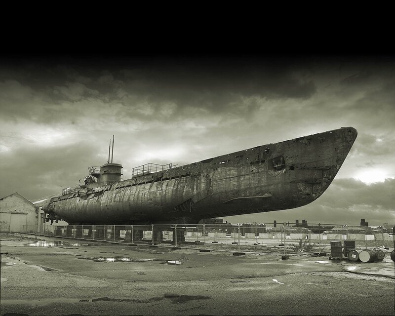 Rusty Submarine on Land — Gray, Dramatic