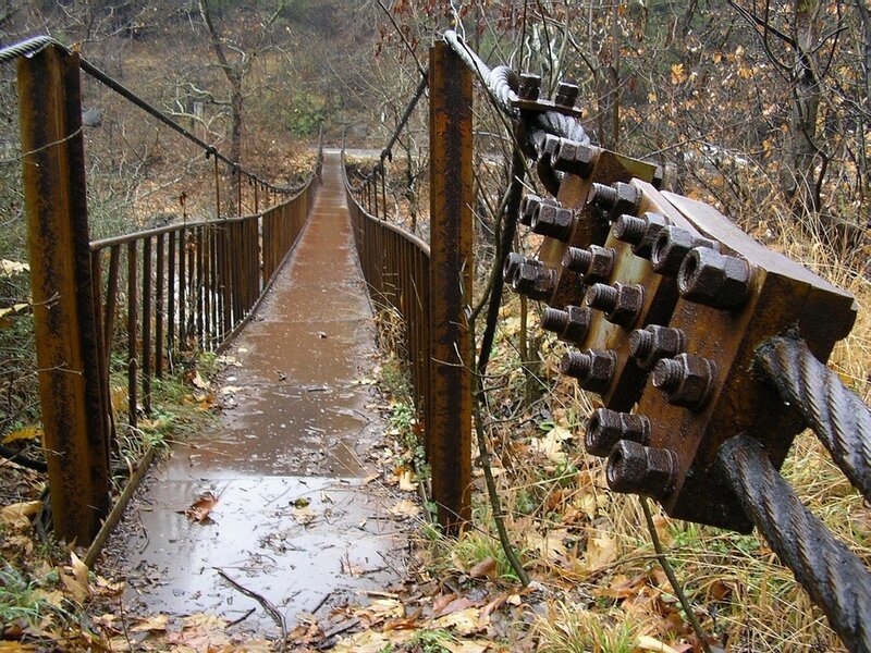 Rusty suspension bridge in forest
