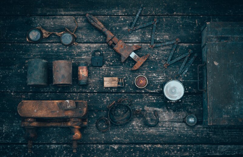 Rusty Tools on Wood — Brown, Dusty