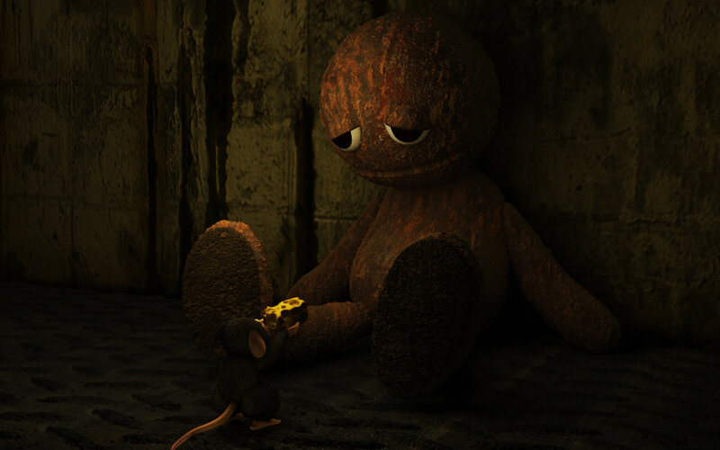 Rusty toy and mouse in cellar