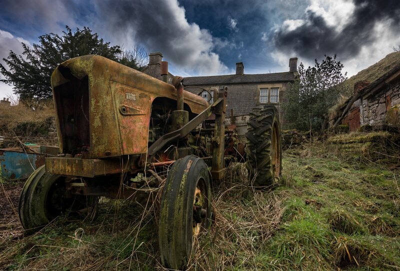Rusty Tractor in Field — Green, Dramatic, Afternoon