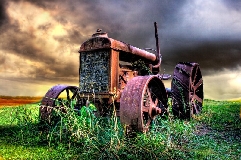 Rusty Tractor in Field — Green, Dramatic, Sunset