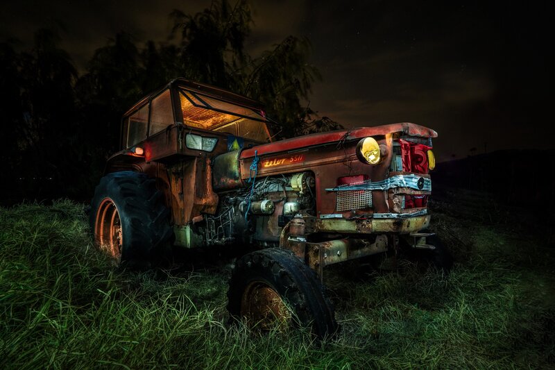 Rusty Tractor in Field — Green, Dramatic