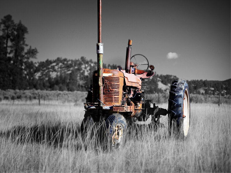 Rusty Tractor in Field — Orange