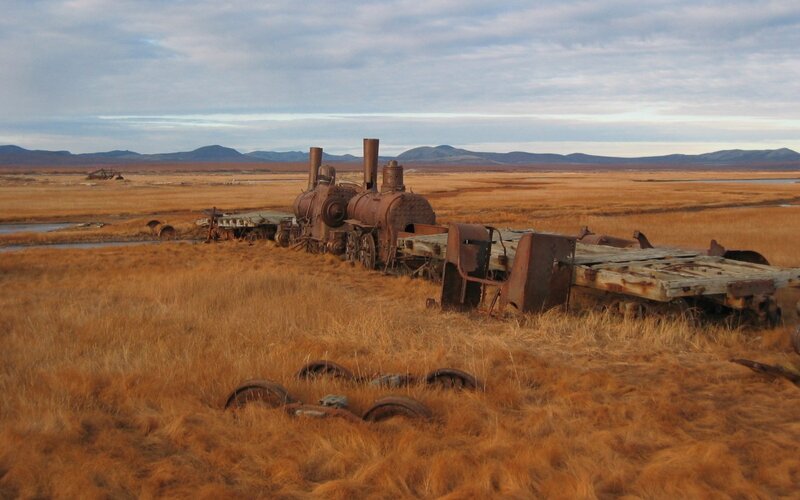 Rusty train in a field