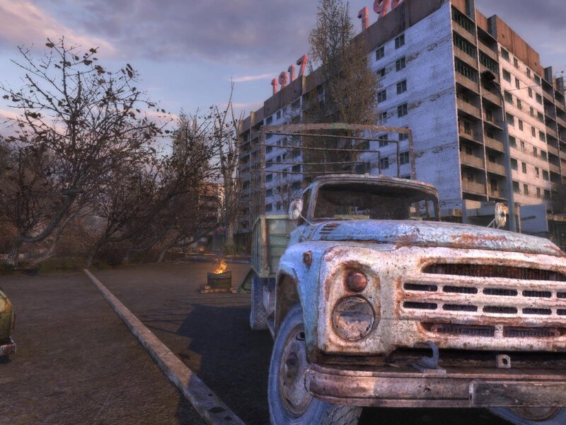Rusty truck in a ruined city
