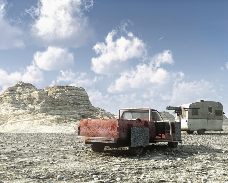Rusty truck in desert landscape