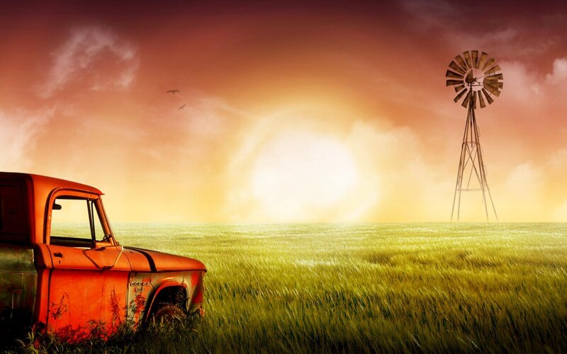 Rusty Truck in Field — Green, Dramatic, Sunset, Digital Art, Windmill
