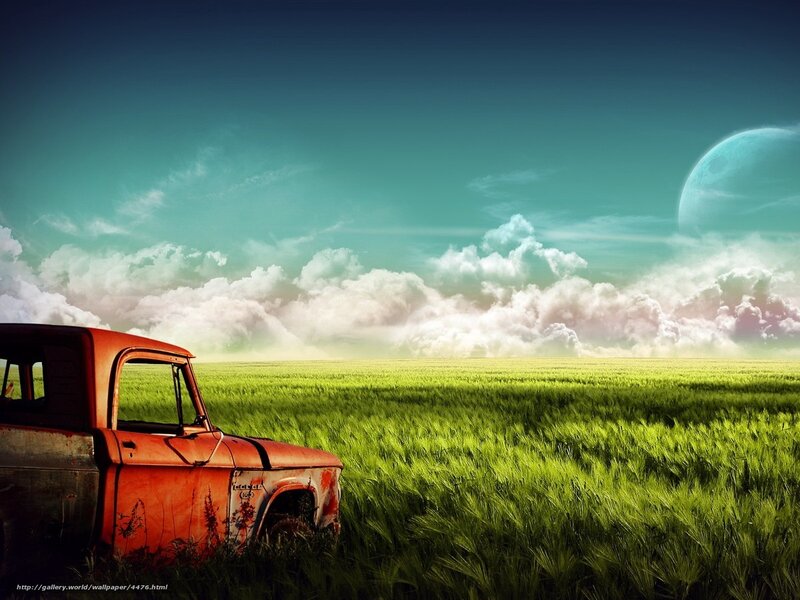 Rusty truck in green field